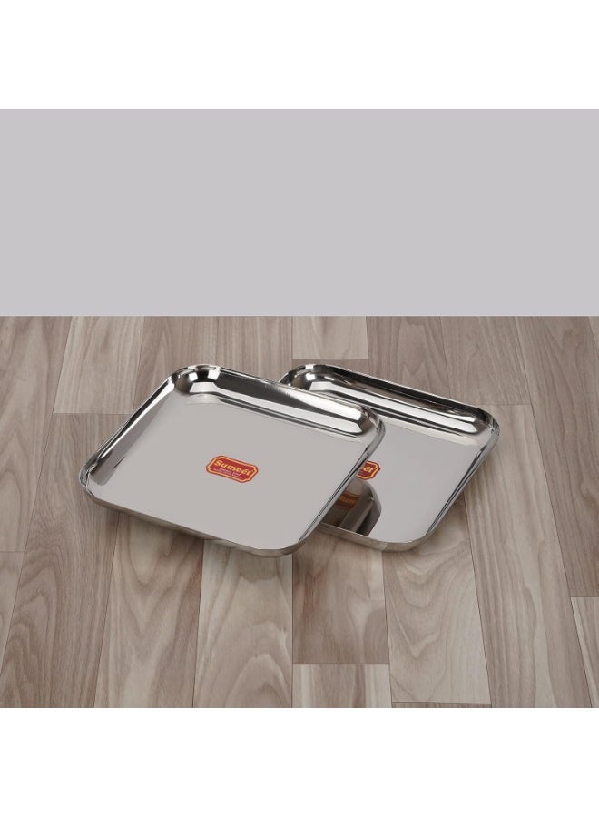 Sumeet Stainless Steel Medium Square Shape Plate/Snacks Plate/Breakfast Plate Set of 2pcs, 20cm dia, Silver - Image 3